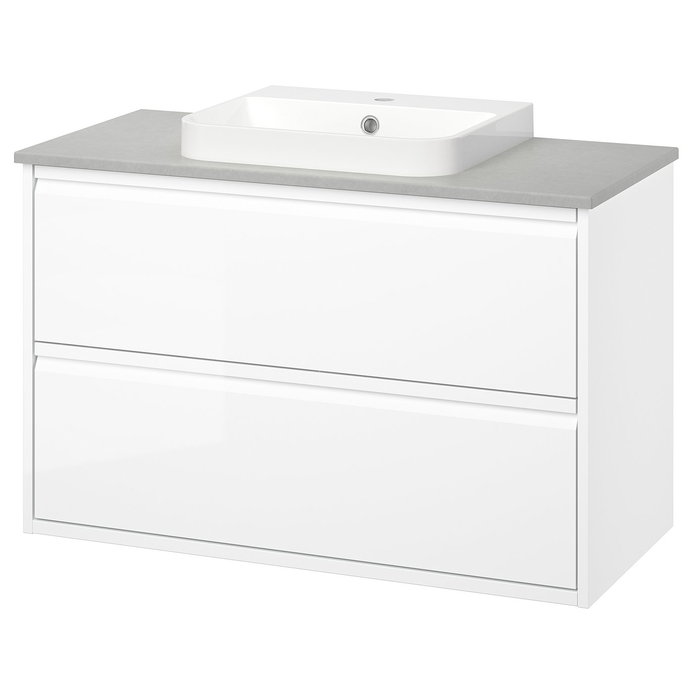 The ÄNGSJÖN white bathroom vanity a sleek design with two drawers, a semi-recessed sink, and a grey countertop, perfect for modern bathrooms.
