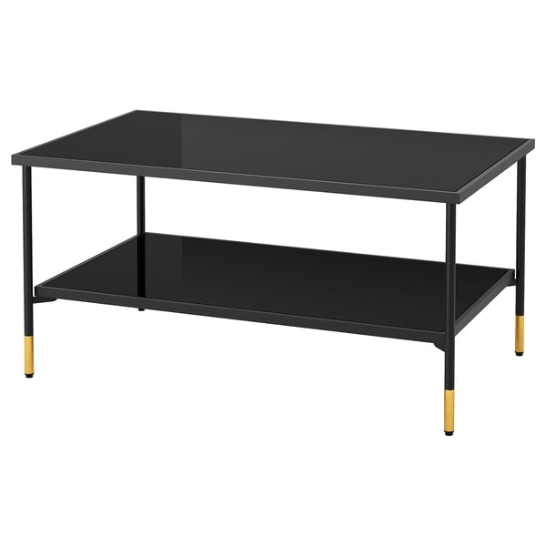 ÄSPERÖD coffee table: black & gold metal with smoky glass. Rectangular, elegant design.