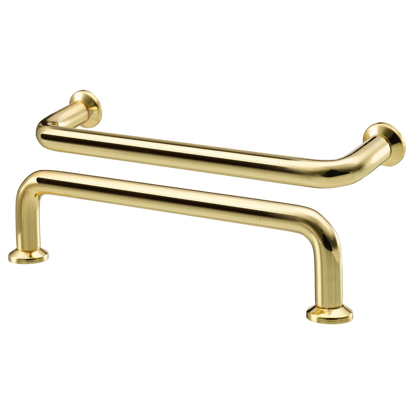 Two BAGGANÄS handles in brass, sleek and curved, polished steel with round knobs.