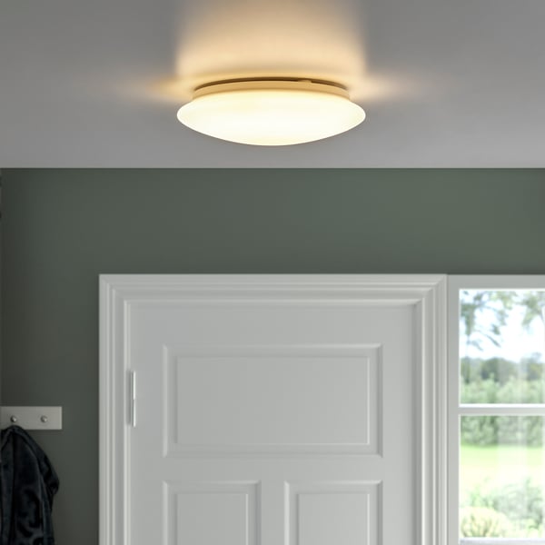 Frosted glass ceiling light in bathroom with white door, green wall.