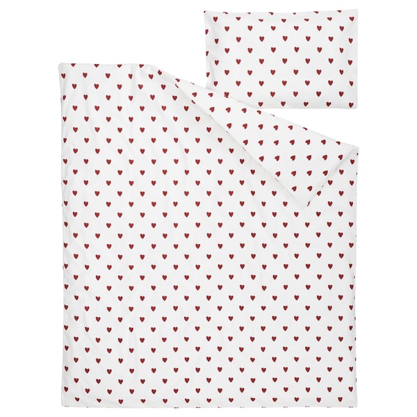 White duvet & pillow with red hearts, cotton, soft, zip closure.