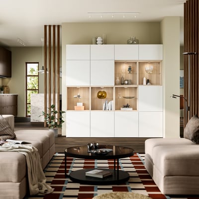 BESTÅ Storage combination with doors, white stained oak/Lappviken white, 240x42x231 cm