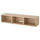 Displays a light brown ikea BESTÅ tv bench with open compartments, offering a modern and minimalist design.