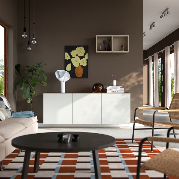 BESTÅ Wall-mounted cabinet combination, white Förvaltare/brown walnut effect, 180x42x65 cm