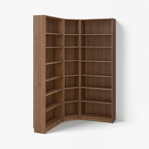 Brown BILLY bookcase, l-shaped, wooden, with multiple empty shelves.