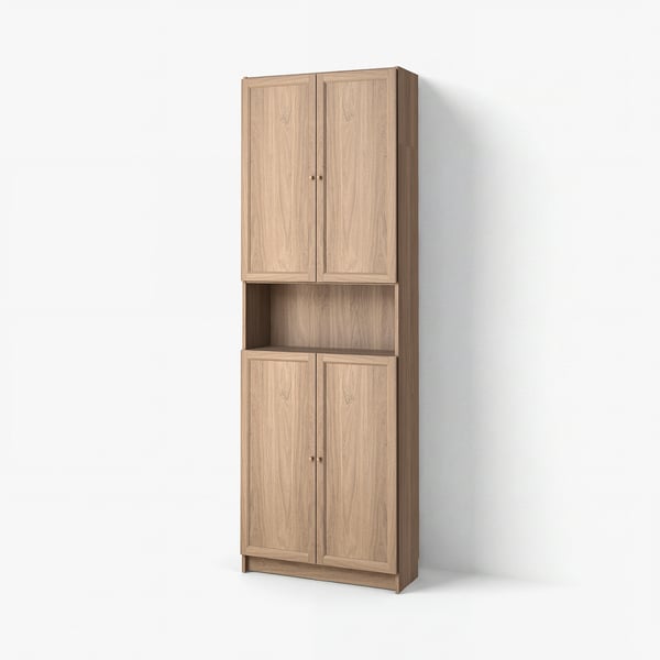 Upright BILLY bookcase in white, with open and closed storage, adjustable shelves.