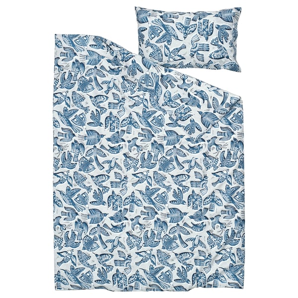 BITTERSÖTA bedding set: white with blue birds, 100% recycled polyester mix, smooth, detailed bird print, includes duvet and pillowcases.