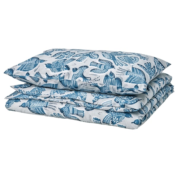 BITTERSÖTA duvet set, blue, folded, birds print, recycled polyester/viscose.