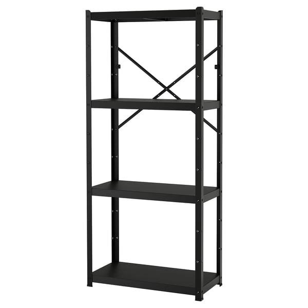 Black metal BROR shelf with three tiers, strong and versatile for heavy items, simple design.