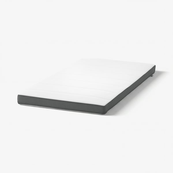 White and grey baby mattress with padded sides, handle, and child-safe zip.