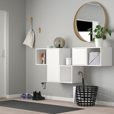 Wall-mounted EKET storage in grey, mirror, & shoe rack setup