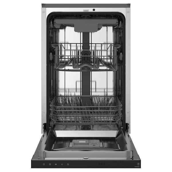 A black dishwasher with its door open, revealing three racks for dishes.