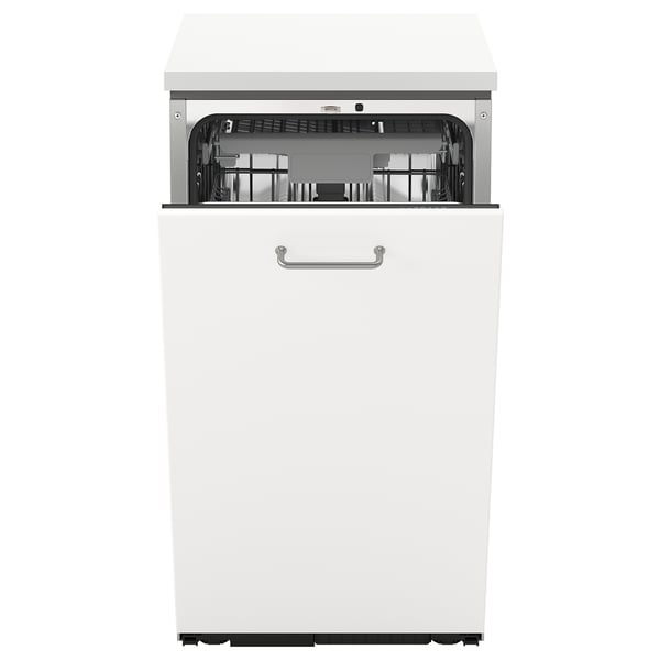 White compact dishwasher with silver handle, open top for loading.