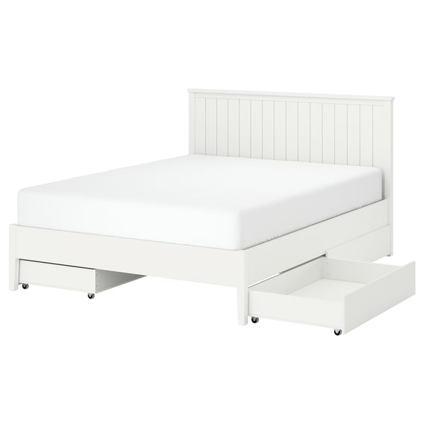 GULLABERG Bed frame with 4 storage boxes, white/Luröy, Queen