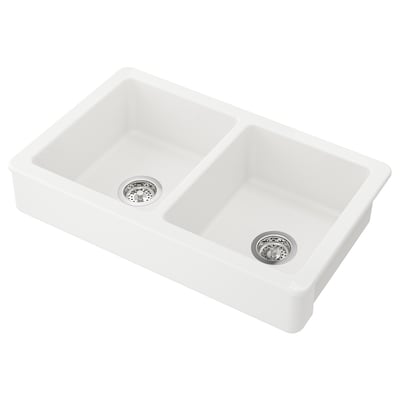 HAVSEN white ceramic double basin kitchen sink, rectangular shape with front visibility, rounded corners, includes drains.