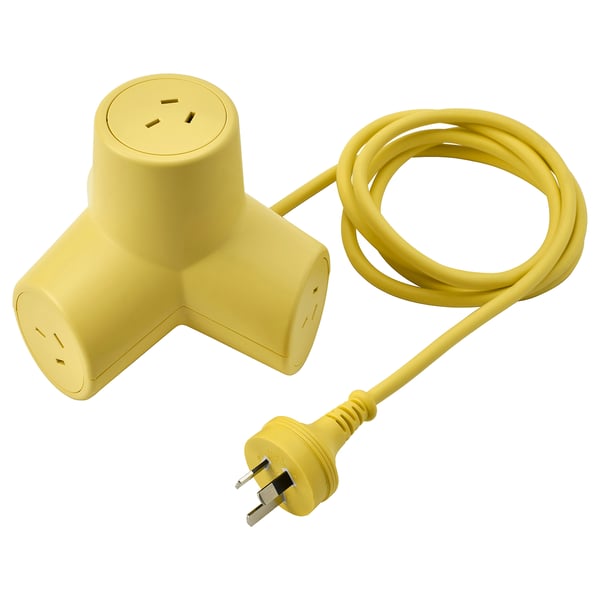 Yellow HORNFELS extension cord, eco-friendly, t-shape, four plug sockets, silicone cable.