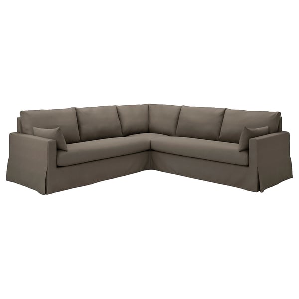 Grey l-shaped HYLTARP sectional sofa with plush cushions and classic design.