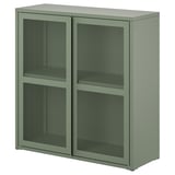 A green IVAR mesh cabinet, rectangular in shape, with metal mesh doors and sliding mechanism, suitable for storage.