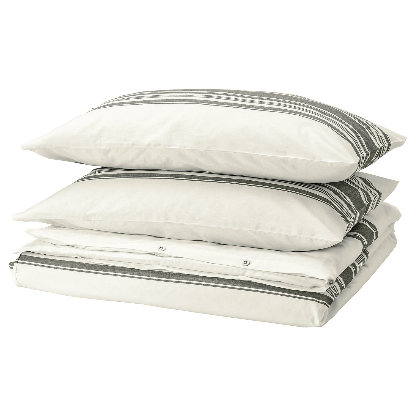 Striped white bedding set with black accents. Three pieces - duvet cover and pillowcases. Cotton material. Stacked neatly.