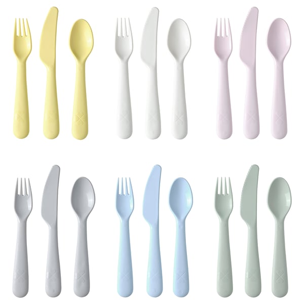 Nine colourful plastic utensil sets, each with fork, knife, and spoon, displayed in rows of pastel colours.