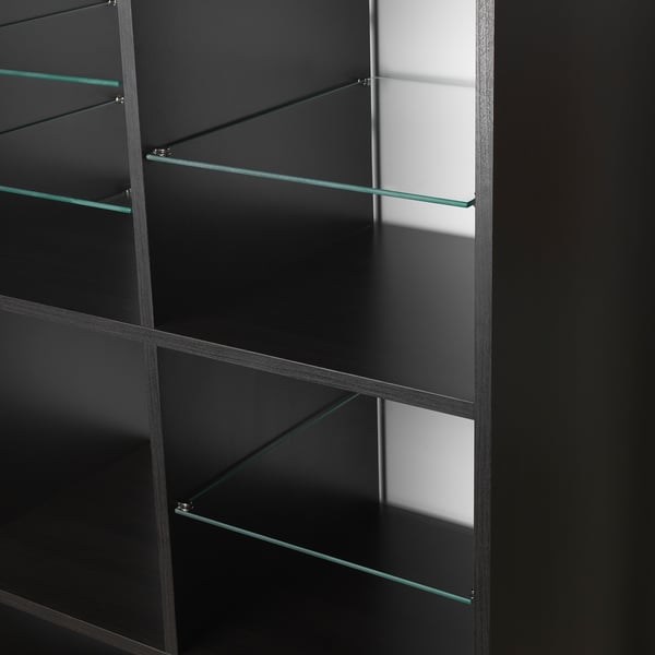 Black glass shelves designed for KALLAX unit, providing additional storage with secure fittings.