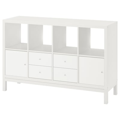 A white KALLAX shelving unit with drawers and cabinets, featuring an airy underframe design.