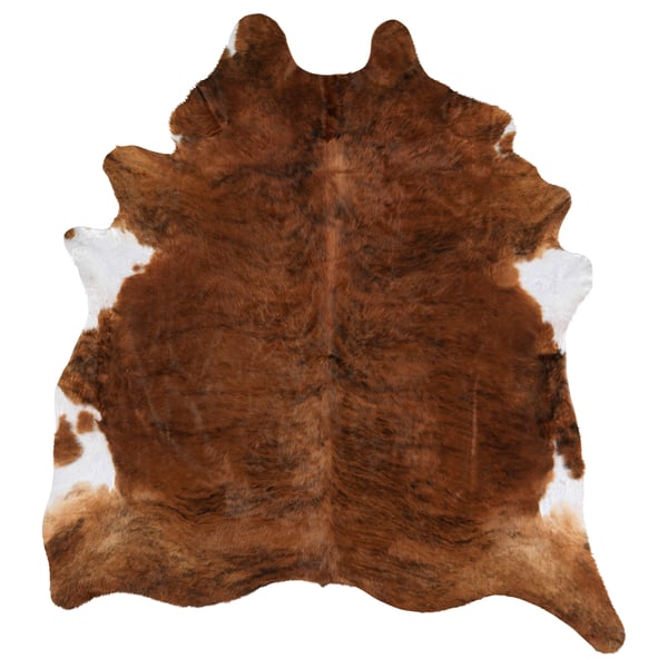 A KOLDBY cowhide rug, brown with white patches, featuring natural leather texture and unique markings.