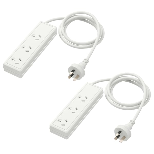 Two white KOPPLA power strips with three sockets each and attached cords. Made from abs plastic.