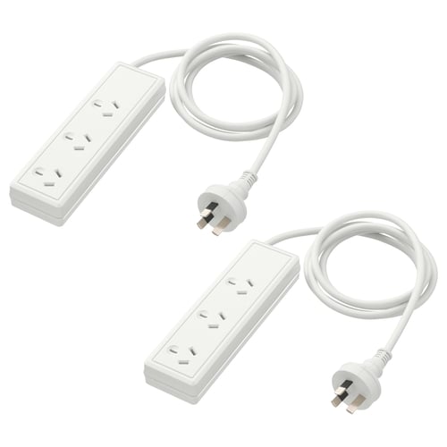 Two white KOPPLA power strips with three sockets each and attached cords. Made from abs plastic.