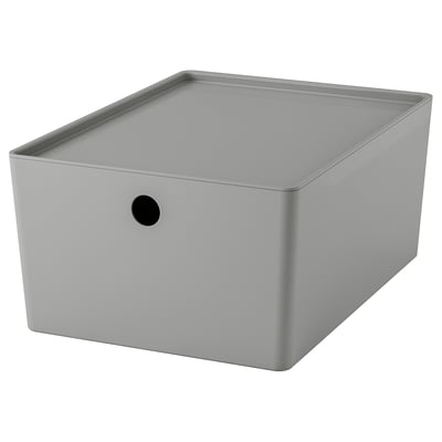 The KUGGIS, a grey, rectangular storage box with a circular handle, crafted from 50% recycled pet plastic.