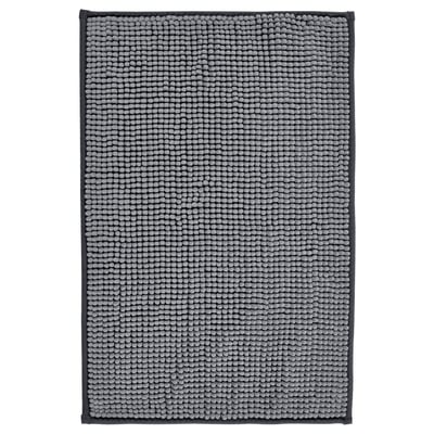Grey textured fabric bath mat, rectangular, recycled polyester, textured surface, plain design, non-slip backing.