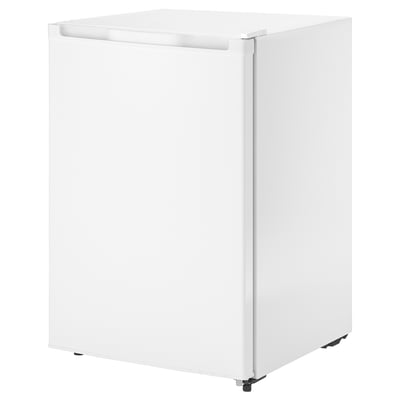 Modern freestanding refrigerator with adjustable shelves.