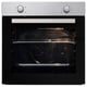 A modern stainless steel oven with digital control and black interior.