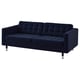 Modern dark blue velvet sofa with tufted seat and back, metal legs.