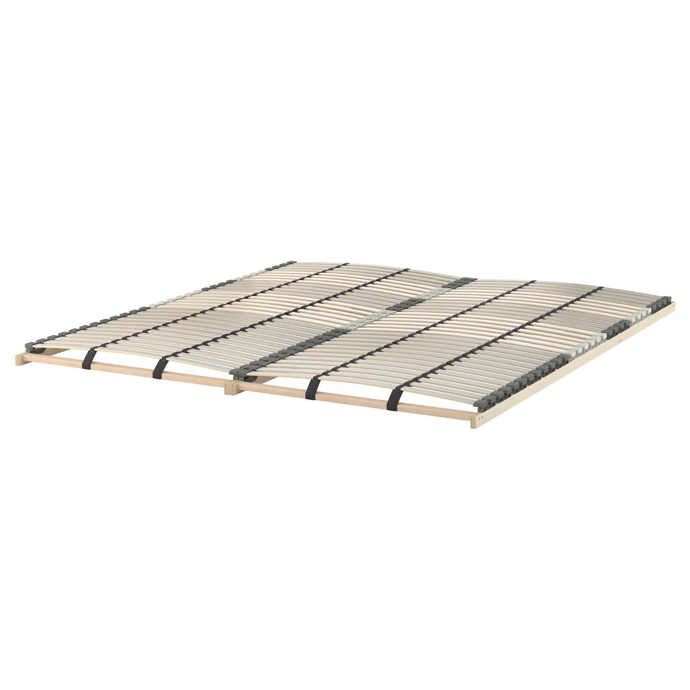 A LÖNSET slatted bed base. Its rectangular, has wooden slats for support, and comfort zones for improved sleep.