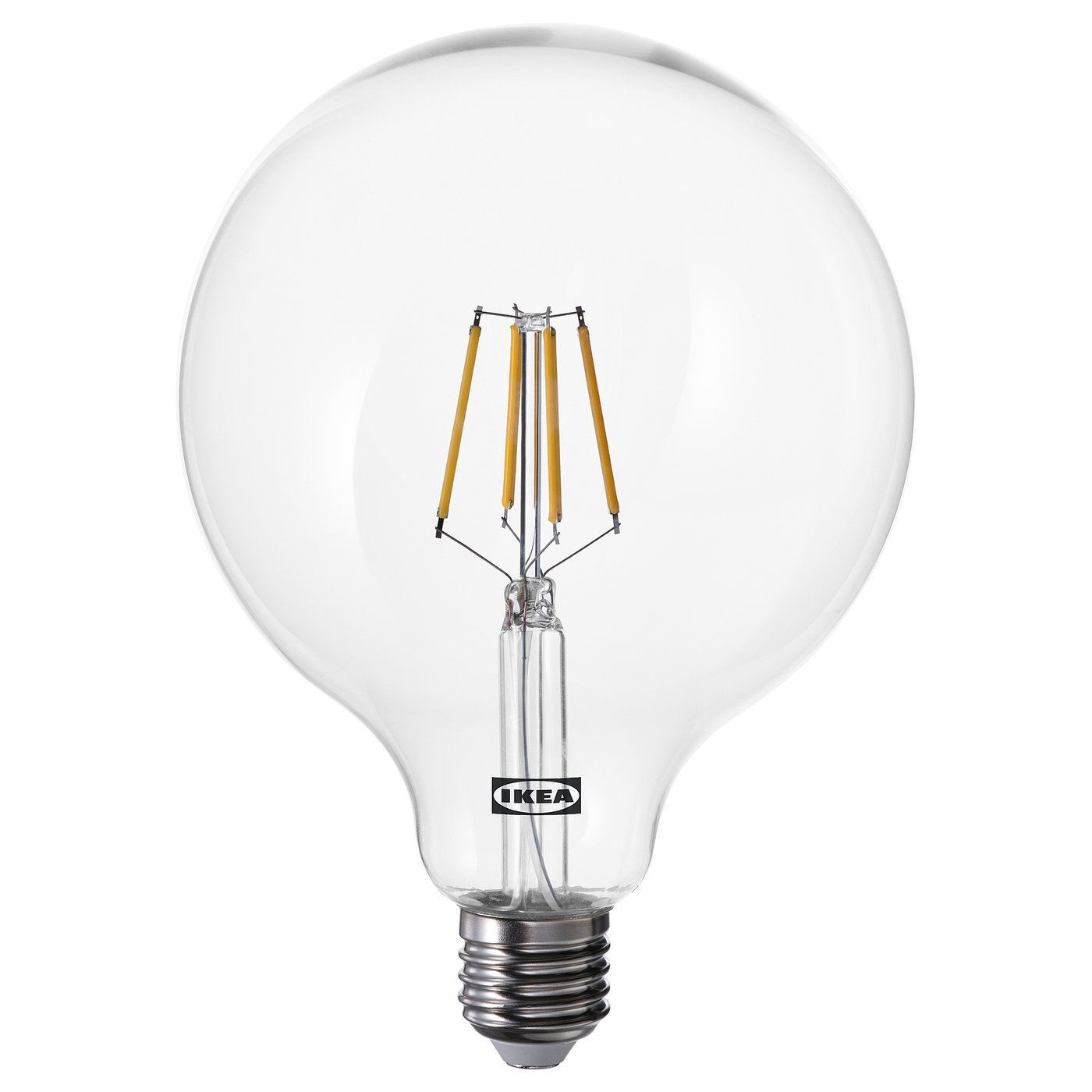 Ikea LUNNOM light bulb, clear with warm white led light, spherical shape.