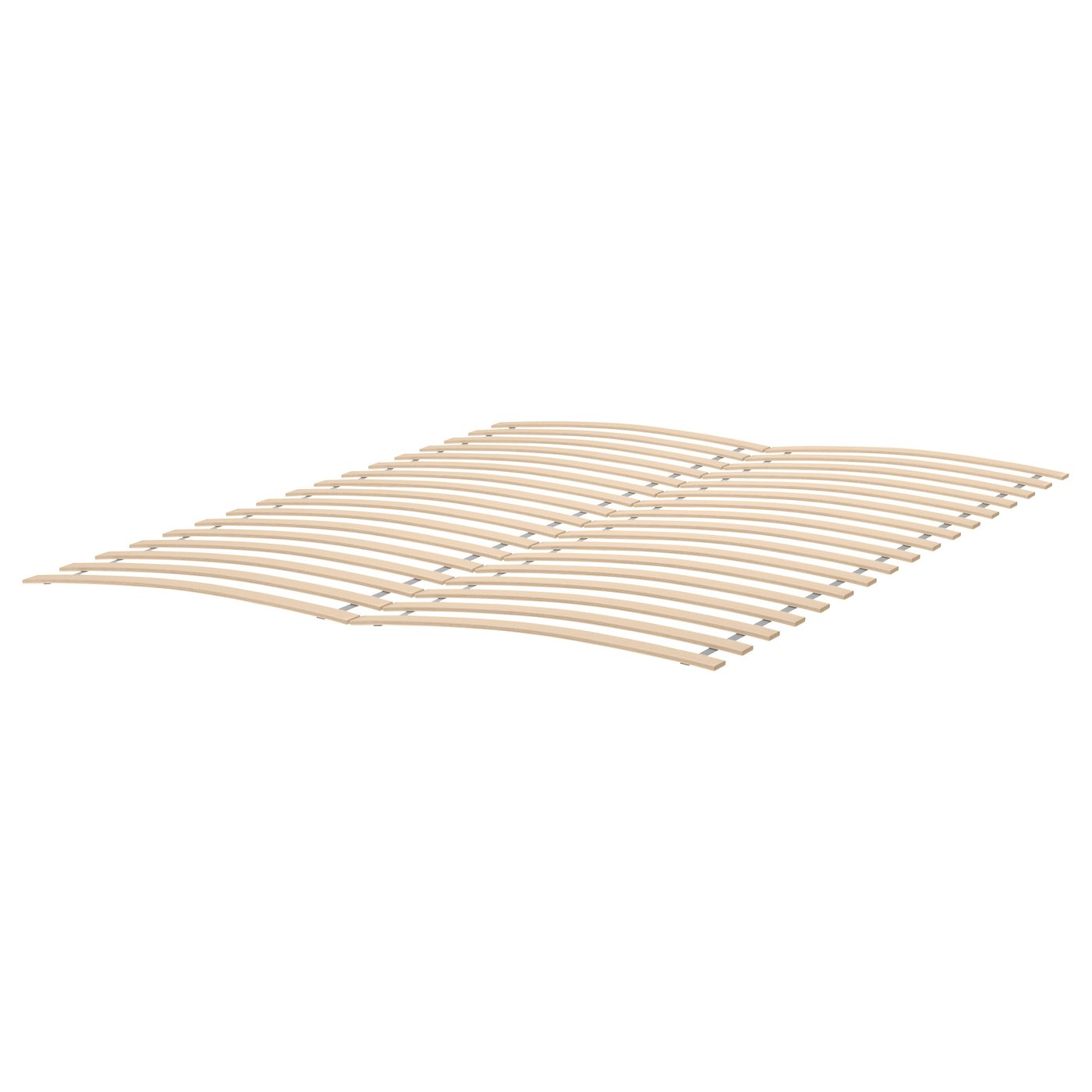 LURÖY wooden slatted bed base with curved slats for air circulation and support.