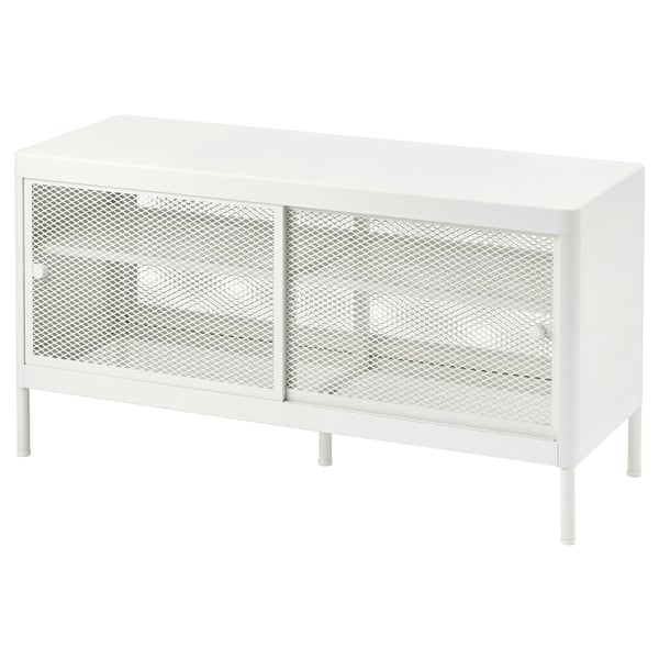 A white MACKAPÄR storage bench with sliding mesh doors, suitable for hallways or tight spaces.
