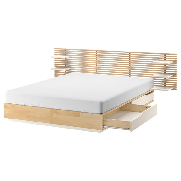 Wooden bed with headboard, four drawers, solid birch, natural finish, rectangular shape