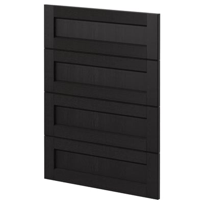 Black wooden kitchen cabinet panel with horizontal grooves, rectangular shapes, and bevelled edges made from solid ash and fiberboard materials.