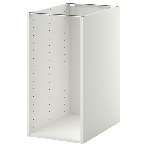 A white ikea METOD kitchen cabinet. It is a tall, rectangular, open unit with a plain design, featuring small holes for adjustable shelves.