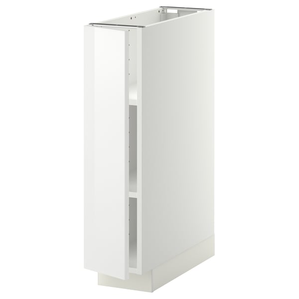 A white METOD kitchen cabinet with a glossy finish, rectangular shape, and adjustable shelf.