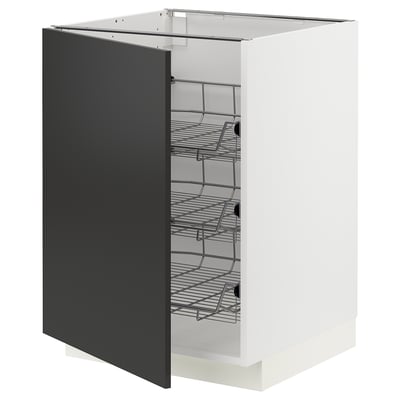 Modern kitchen cabinet, METOD series, white with black door, wire shelves, sleek design.