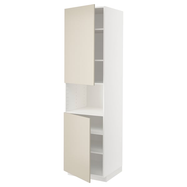 Beige METOD kitchen cabinet. Tall with one open door, smooth finish.