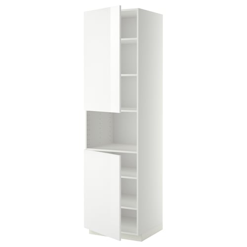A modern white high kitchen cabinet. This METOD cabinet has a sleek, glossy finish and adjustable shelves. It stands tall with a rectangular shape.