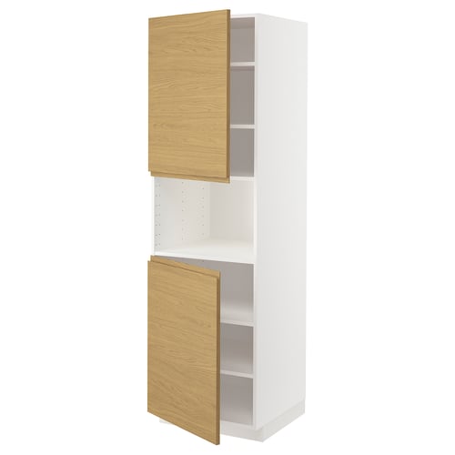 White METOD cabinet with oak doors. Tall, rectangular shape, modern design, two shelves exposed.