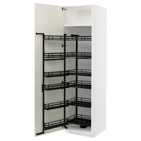A white METOD kitchen cabinet with pull-out shelves. It multiple black metal shelves for storage.