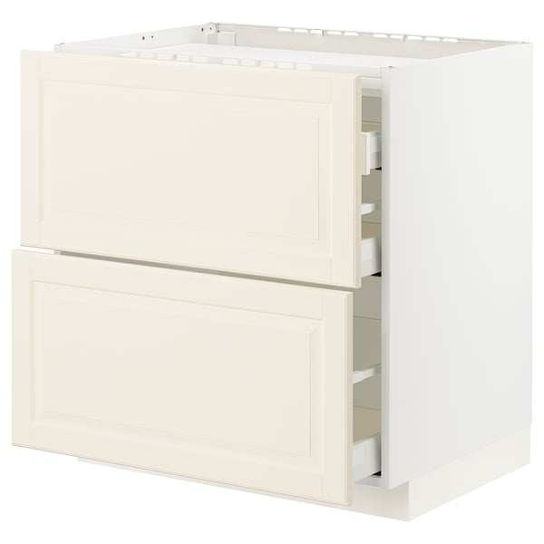 An off-white, two-door kitchen cabinet with a modern design, featuring a full-extension drawer.