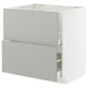 Modern, light grey kitchen cabinet with two drawers, sleek design.