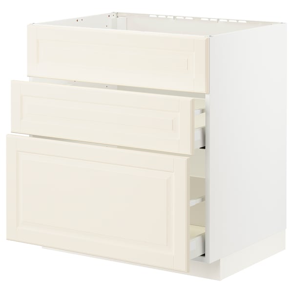 Off-white METOD kitchen cabinet with bevelled edges, three drawers.